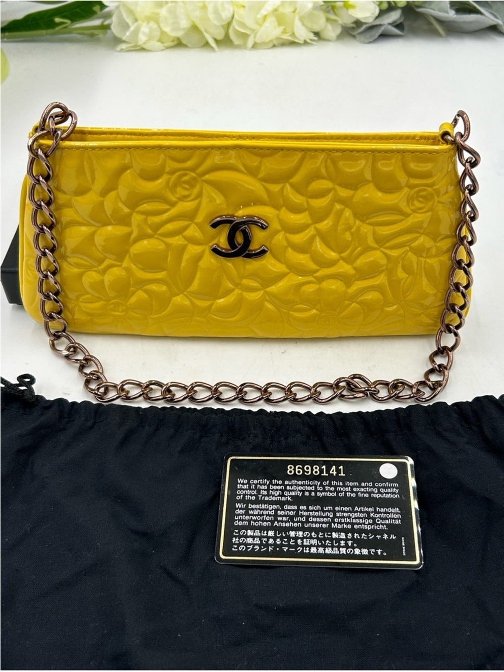 Women’s Chanel, patent leather floral embossed, shoulder bag made in Italy